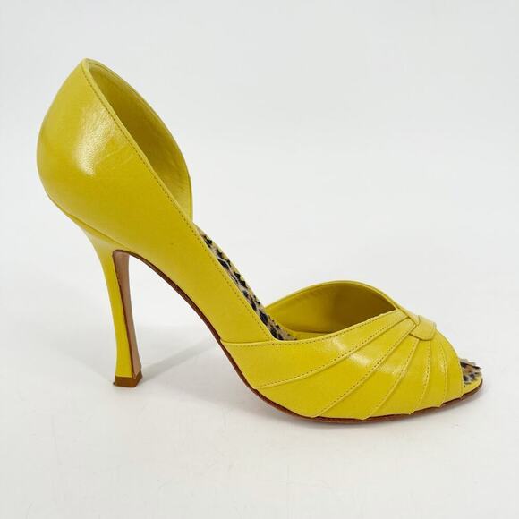 Manolo Blahnik Retro Yellow Risa Leather Peep Toe D'Orsay Heels size IT 37 - Picture 3 of 13